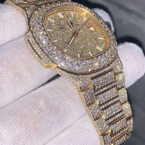 Montre de luxe Hip Hop automatique entièrement sertie de moissanite VVS, ton or, bracelet en acier inoxydable, verre saphir, affichage de la date, unisexe - Product Image 4