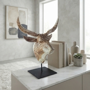Sculpture artisanale en bois de buffle, crâne de taureau sculpté en teck rustique, avec base en métal, pour décoration de table. - Product Image 3