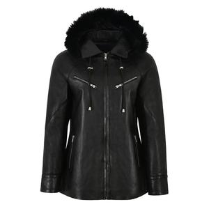 Mesdames Nouvelle veste en cuir au genou avec capuche détachable en fausse fourrure Doublure matelassée et respirante en nylon pour la saison d'hiver - Product Image 1