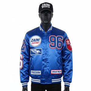 Chaqueta de Satén Premium de 220 GSM Azul Brillante con Paneles de Hombro Limpios y Diseño de Logotipo Bordado Personalizado Chaqueta de Satén para Hombre - Product Image 1