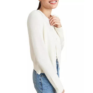 Cárdigan de punto blanco Vintage elegante para mujer, suéter de mezcla de lana suave de manga larga con botones cubiertos, diseño minimalista personalizado en la parte delantera - Product Image 3