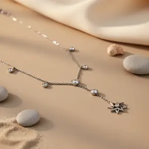 Collar con Colgante de Estrella Plateada con Diamantes de Circonita Cúbica, Chapado en Oro Rodio, Cadena de Eslabones Moderna, Joyería de Latón con Perla como Piedra Principal, Regalo - Product Image 3