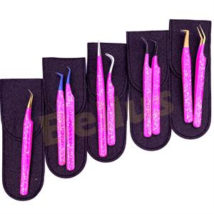 Pinzas para pestañas de acero inoxidable recubiertas de gelatina, logotipo personalizado, aislamiento de volumen, Punta puntiaguda, herramientas para pestañas con bolsa de purpurina - Product Image 3