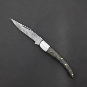 มีดพับเหล็กดามัสกัสทำมือ ด้ามไม้สีเข้ม พร้อมปลอกหนัง - Product Image 3