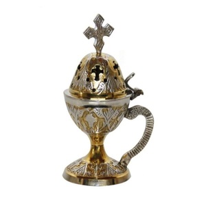 Brûleur d'encens antique Jérusalem Fournitures d'église Brûleur d'encens vintage décoratif Croix sur le dessus Objet de décoration de table - Product Image 4