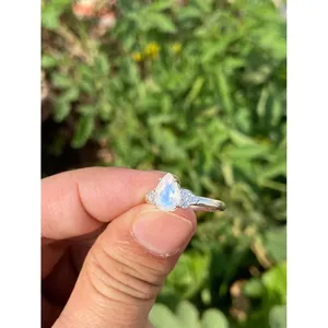 925 Silver Boho Statement <b>Ring</b> with Pear Cut Moonstone Rhodium Plated Engagement Gemstone <b>Ring</b> - Product Image 2