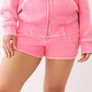 Qualité supérieure femmes hiver solide lavage à l'acide longue Streetwear coton polaire deux pièces Logo personnalisé vêtements de sport à capuche ensemble short et short - Product Image 5