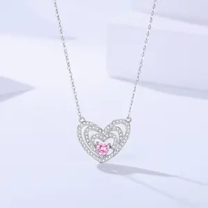 2024 Verjaardagscadeau 925 Sterling Zilver Groot Hart Ketting Cz Pave Roze Zirkoon Hartvormige Hanger Ketting Voor Vrouwen