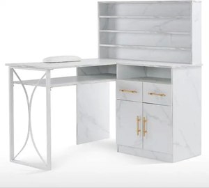 Mesa de Manicura Moderna de Mármol Blanco para Salón con Gabinete de Almacenamiento y Estantes - Product Image 3