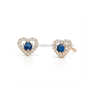Or jaune massif 14 carats véritable saphir bleu pierre précieuse pavé de diamant coeur boucles d'oreilles fournisseur de bijoux fins - Product Image 5