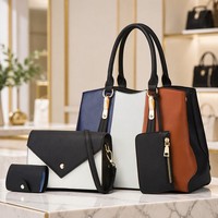 Set Tas Tote PU OEM Kustom 4 Pcs Wanita Warna-Blok Trapesium Resleting Tas Selempang Bahu 3 Warna Grosir Pabrik