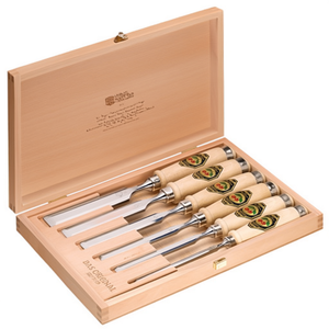 Juego de 6 cinceles estilo Ulm de 6-26 mm con mango de haya blanca en caja de madera para carpintería, encaje de cola de milano y otras aplicaciones artesanales - Product Image 3