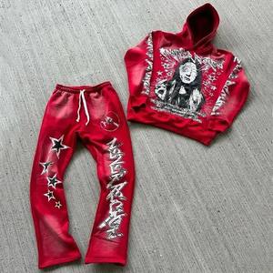 Survêtement personnalisé délavé à l'acide jogging vintage avec broderie d'appliques pantalon de survêtement évasé ensemble de sweats à capuche survêtements en détresse - Product Image 6