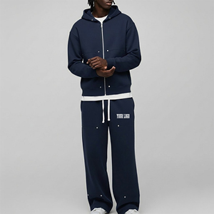 Unisex Navy Blue Solid Hooded Tracksuit <b>Set</b> Full Zipper Regular Fit Cotton Casual Winter Wear Side Pockets Front Logo Breathable - Product Image 1
