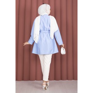 Túnica de bebé con medio botón, transpirable, azul claro, con cinturón y cintura fruncida, elegante decoración con botones - Product Image 4