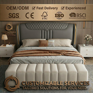 Cadre de lit king-size minimaliste italien de luxe, revêtement en cuir Nappa mat, lit à profil bas, mobilier de chambre principale - Product Image 1