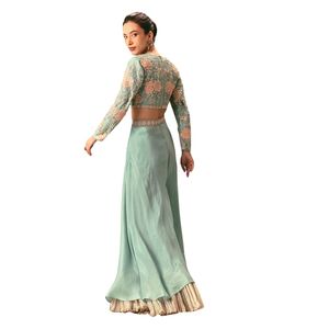 Traje Palazzo de trabajo manual de seda cruda azul turquesa, venta al por mayor, Ropa Étnica OEM para mujer, proveedor de fábrica, traje de boda personalizado - Product Image 5