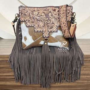 New Trending Designer Large Capacity Hand Tooled Leather Fringe Crossbody Bag Cowhide Zipper Shoulder Handbag Purses for Women's - Product Image 1