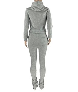 Survêtement deux 2 pièces ensemble pour femmes à manches longues noir sweats à capuche décontracté rose solide Flare pantalon correspondant survêtement MS-JG-1200 - Product Image 6