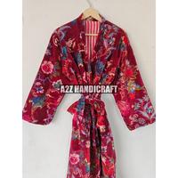 Bata de terciopelo Otoño Invierno Primavera Regalo especialAbrigo largo de terciopelo Estampado floral indio Albornoz de terciopelo Kimono Mujer Terciopelo de algodón