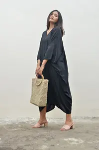 Women's Half Sleeve V-Neckline Rayon <b>Kaftans</b> Handmade Plain Dye Black Long Maxi <b>Dresses</b> with Natural Waistline Woven Midi Length - Product Image 5