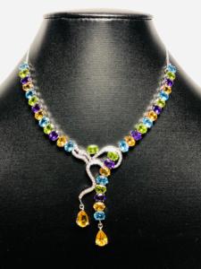 Ensemble de collier 3 pièces en argent sterling 925 Améthyste naturelle Péridot Citrine Topaze bleue Beau cadeau de mariage unique pour tout - Product Image 5