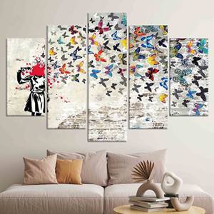 Arte Impreso en Lienzo de Banksy, Niña con Mariposas - Decoración de Pared Estilo Vitral, Juego de 5 Lienzos Variados - Product Image 1