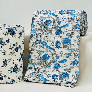 Edredón Kantha Reversible de tamaño Queen indio hecho a mano, colcha de algodón transpirable, manta de jardín con estampado de bloques florales, Hotel - Product Image 1