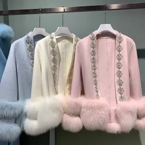 W16# New Style ladies Real Fox Fur Coat Winter Women handmade crystal beaded Cardigan Jacket blended fur coats
