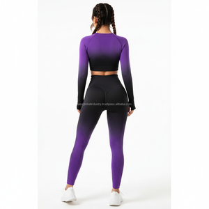 Ensemble de yoga personnalisé OEM pour femmes, haut court à manches longues avec trou pour le pouce et leggings taille haute, ensemble de sport sans couture en 2 pièces - Product Image 2