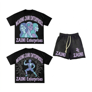 ZAINI ZI-033 Men Oversized T Shirt Shorts <b>Set</b> 280 GSM 100% Polyester French Terry Washed Black Breathable Summer Casual Embossed - Product Image 1
