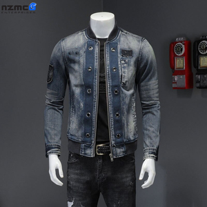Chaqueta de mezclilla para hombre largo invierno Casual parche sin cuello bombardero piloto a prueba de viento - Product Image 3