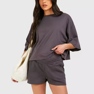 Custom Made 100% Cotton <b>Jersey</b> <b>Women's</b> Streetwear Above Knee 2 Piece <b>Shorts</b> Set Drop Shoulder <b>Short</b> Sleeves Customize Logo - Product Image 3