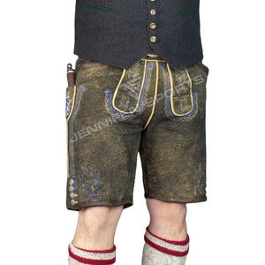 Lederhosen bávaro de cuero genuino para hombre, cierre de botón bordado, bolsillos traseros laterales sólidos, bucles para cinturón, diseño frontal corto - Product Image 1
