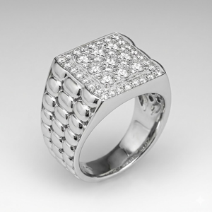 Solid 18k White Gold Heavy Chunky Square Top Halo Pave Pebbled Link Natural Diamond Mens Ring Custom Bespoke Jewelry Wholesale - Product Image 2