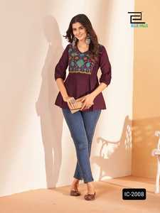 Indian Ethnic Wear Short Cotton Silk <b>Tops</b> in Heavy Embroidery Multi Color Ready to Wear Short Fancy Kurtis with Plus Size - Product Image 2