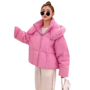 Chaqueta acolchada con capucha corta de invierno brillante y ligera a la moda para exteriores gruesa rosa para mujer con su propio diseño - Product Image 1