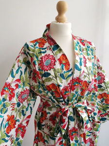 Pure 100% Cotton Handprinted Floral Beach Coverup <b>Summer</b> <b>Kimono</b> Comfortable Maternity Robe-for Spring - Product Image 4