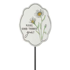 Estaca/placa delicada para jardín con diseño de margaritas, para que las cosas buenas crezcan. Un mensaje simple e inspirador. Disponible a precios de mayoreo. - Product Image 1