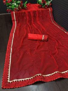 Georgette-saree-blusa bordada con encaje para mujer, blusa de Color liso para correr, ropa informal para fiesta, Saree - Product Image 6