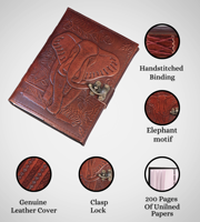 Carnet de croquis A5 en cuir véritable imprimé, motif éléphant en relief, journal à spirale, 120 feuilles, couverture marron élégante cousue
