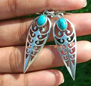 Boho 925 Silver Plated Vintage Turquoise Gemstone Dangle Drop Earrings Handmade Jewelry Gift For Women Unique Earrings - Product Image 3