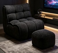 Fauteuil d'appoint moderne et minimaliste en peluche noire avec repose-pieds, dossier rembourré doux, forme en L, ergonomique, pour lecture et salon