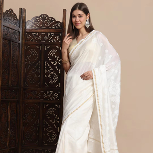 Lujoso Sari de seda tradicional Chikankari y Zari Work Chanderi con pieza de blusa para ropa india y paquistaní de invierno - Product Image 1