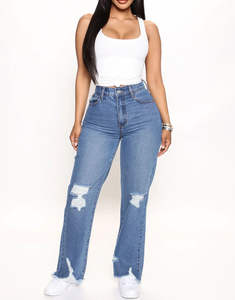 Jean droit taille haute rétro pour femme, pantalon en denim respirant avec poches à empiècements et imprimé sexy, style urbain élégant - Product Image 1