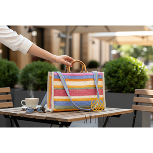 Sac fourre-tout rectangulaire élégant en raphia multicolore au crochet pour femme, fait main, 16x6x12 pouces, avec poignée en bois, idéal pour l'été - Product Image 1