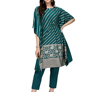 Designer FIORRA Ensemble de pantalons Kaftan Kurta en poly crêpe bleu sarcelle pour femme pour mariage et événements traditionnels - Product Image 1