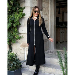 Robe longue en viscose à manches longues et fermeture éclair sur le devant pour femme, 37873 - Noir - Product Image 2