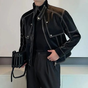 Hombres Y2k Matte Biker Chaqueta de cuero Sin género Otoño Invierno Discoteca Trendy Street Stand Collar Topstitch Chaqueta de cuero Unisex - Product Image 3