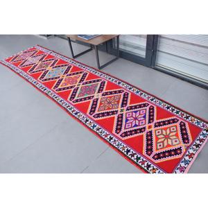 3x12.1 ft Turkish Herki Rug, Vintage Rug, <b>Red</b> Plants & trees <b>Wool</b> Rug - Product Image 4